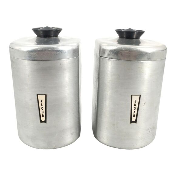 Set Of 2 Vintage Aluminum Canister Flour And Sugar Jars MCM Silver Cans Lids - Picture 1 of 12